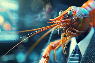 A closeup charismatic half body of a shrimp in a business suit