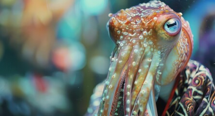 A closeup charismatic half body of a cuttlefish wearing a magicians robe