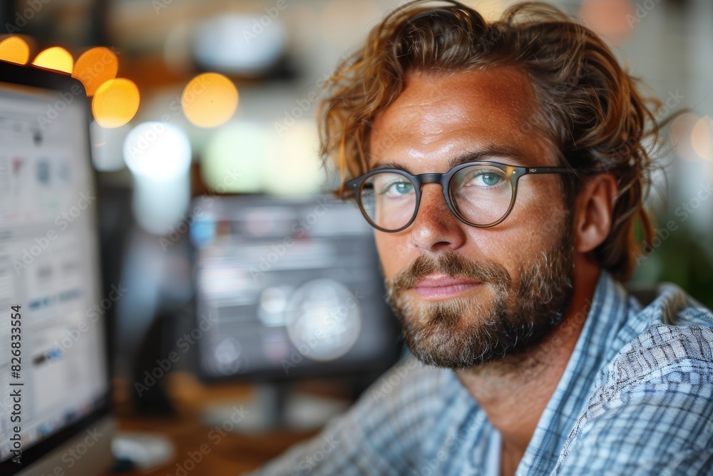 Wall mural young man with glasses and a beard working on a computer in a modern office, with blurred screens an