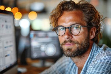 Obraz premium Young man with glasses and a beard working on a computer in a modern office, with blurred screens and lights in the background indicating a busy and professional environment