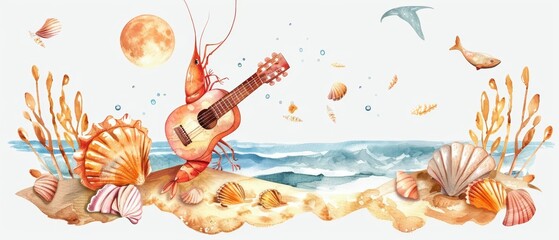 Fototapeta premium A cute watercolor of a shrimp, playing a miniature guitar, on a sandy beach stage, with a seashell audience, under a full moon, isolated on white