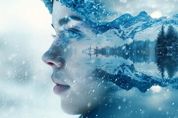 A double exposure photo of a woman's face blended with a serene winter mountain landscape, capturing the essence of nature and human emotion.