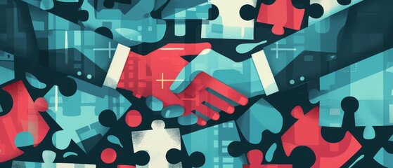 A mergers and acquisitions illustration showcasing the integration process, merging corporate cultures, and achieving synergy