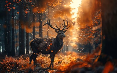 A majestic stag stands in an autumn forest, illuminated by the warm glow of the setting sun, creating a magical and serene atmosphere.