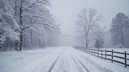 Obraz premium Snow covered rural road with wooded area in the distance