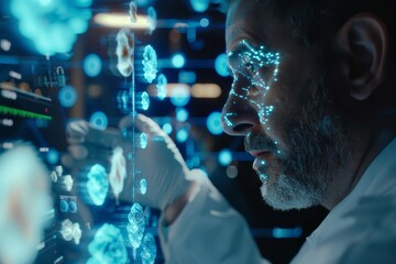 An oncologist is discussing treatment options with a patient, showing cancer cell data on a hitech HUD hologram, close up, with a cinematic look and ample copy space