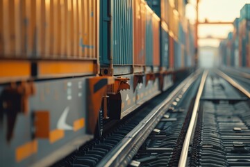 Fototapeta premium Containers are meticulously transferred from a freight train to trucks at a busy port