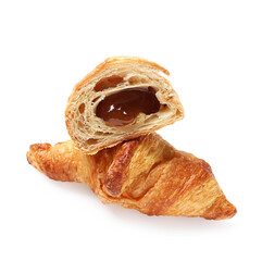 Sweet croissants with jam on white background