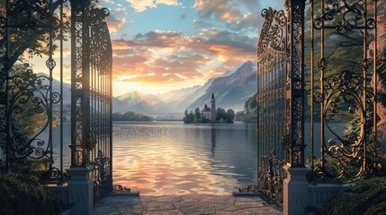 An ornate wrought-iron gate opens to a breathtaking view of a serene lake with a bell tower and majestic mountains illuminated by the glow of sunset. realistic hyperrealistic  