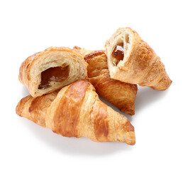 Sweet croissants with jam on white background