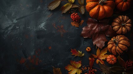Concept of Thanksgiving and Fall Decorations with Autumn Leaves and Pumpkins on a Dark Background Overhead View with Space for Text