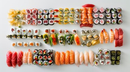 Fototapeta premium Delicious sushi and sashimi assortment laid out on a white background top view