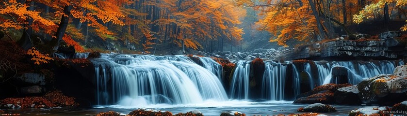 Obraz premium Beautiful waterfall surrounded by vibrant autumn forest with colorful leaves and serene flow of water creating a tranquil nature scene.