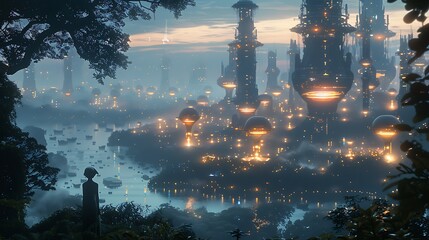 humanoid alien with bioluminescent skin on a planet with dense glowing forests and floating cities