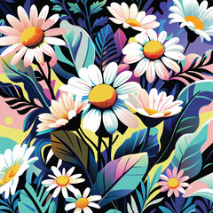 Vibrant Daisies and Tropical Leaves in a Black Background