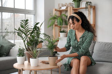 Beautiful young African-American woman taking care of her plants in living room