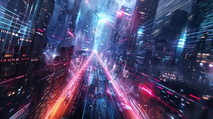 Futuristic Metropolis: Abstract Urban Landscape with Sharp Lines and Glowing Lights