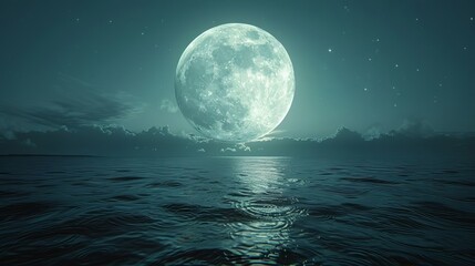 Naklejka premium Serene full moon reflected on calm ocean surface under a starlit night sky, creating a tranquil and mesmerizing scene.