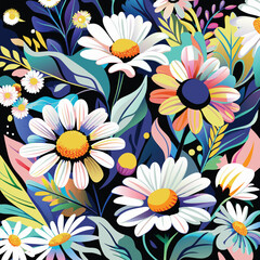 Vibrant Floral Pattern with Daisies and Abstract Leaves