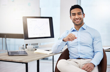 Fototapeta premium Businessman, portrait and accountant by computer screen in office, finance graphs and employee for budget. Male person, projection and report for feedback, project management and web for networking