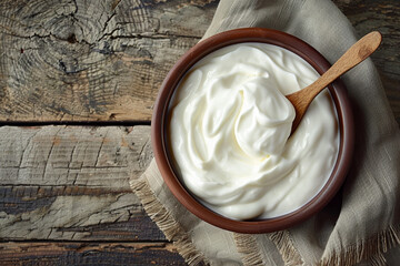 A bowl of Greek yogurt on a wooden table in a top view