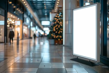 Blank digital billboard in a modern shopping mall with blurred background of people and shops, highlighting advertising space and marketing potential.