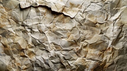 Crumpled, discolored paper surface exhibiting a worn, time-worn aesthetic. Grunge, antique-inspired design