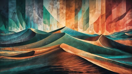 Desert Landscape Illustration with Geometric Patterns and Vibrant Colors