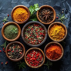 Top view of various colorful spices in wooden bowls arranged on a dark background, featuring turmeric, peppercorns, and other spices.