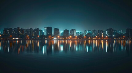 Fototapeta premium Urban skyline at night with glowing city lights reflecting on calm water, showcasing modern architecture and vibrant cityscape.
