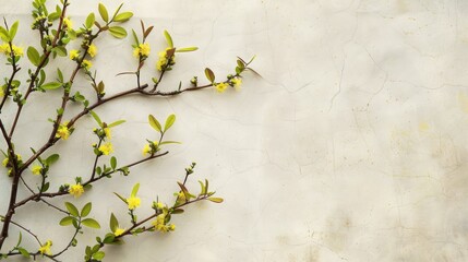 Spring themed barberry branch with vibrant leaves thorns and yellow blossoms on a soft colored paper backdrop with ample space for text designed in a simple and elongated format