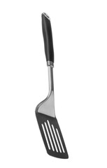 One metal spatula with black handle isolated on white