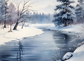  Winter River Landscape Watercolor Art 