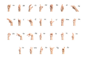 Sign language alphabet. Hand gestures and corresponding letters on white background