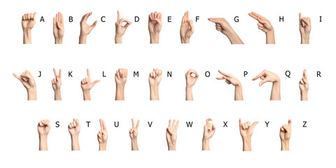 Sign language alphabet. Hand gestures and corresponding letters on white background