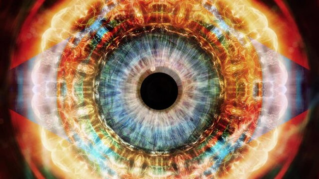 Close-up of a blue human iris with psychedelic multicolored patterns