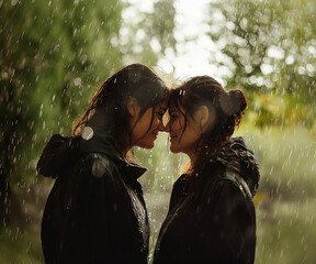 Lesbian kiss in the rain