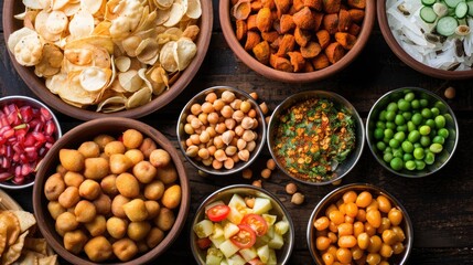 Spicy snacks include Dahi Balley Chana Chat and Fruit Chat seasoned with chaat masala