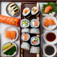 Plate of fresh sushi rolls with chopsticks and soy sauce4