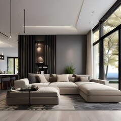 Modern living room with a large sectional sofa and abstract art3