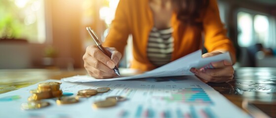 Obraz premium Businesswoman reviewing financial documents and writing notes at desk, business analysis and financial planning concept.