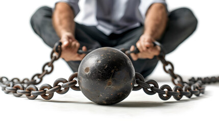 Close-up of a man shackled to a heavy ball and chain, symbolizing restriction and captivity on a white background.