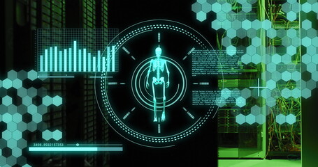 Image of data processing and skeleton walking over server room