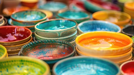 Colorful ceramic dishes up close