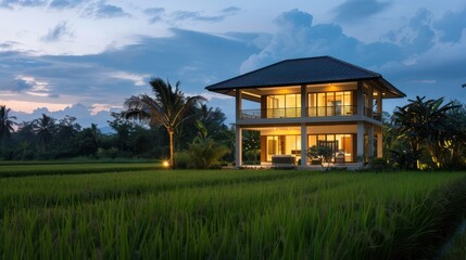 View of a modern two-story tropical house in the middle of a village cool rural green rice field in the morning.