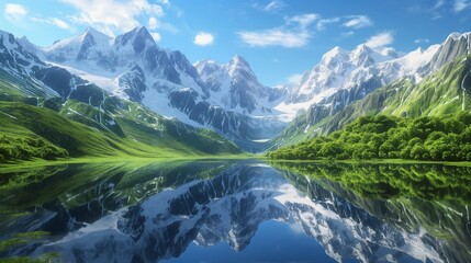 A 3D-rendered mountain range with snow-capped peaks, lush valleys, and a crystal-clear lake reflecting the surrounding landscape 32k, full ultra hd, high resolution