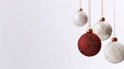 Elegant Christmas ornaments in red and white with intricate designs, hanging against a minimalist...