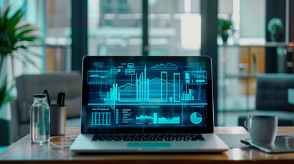 business project hologram display over laptop, futuristic digital business management software technology 