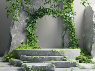 3D stone Podium product mockup with green tree.  product display, showcase presentation, 3D render illustration,