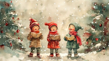 three children standing in a row, singing christmas carols, near a christmas tree, in the style of watercolor paint technique 